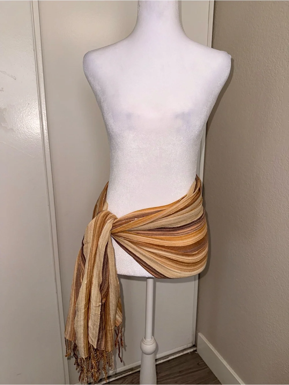 Striped Wrap Skirt in Brown and Tan, scarf, and top